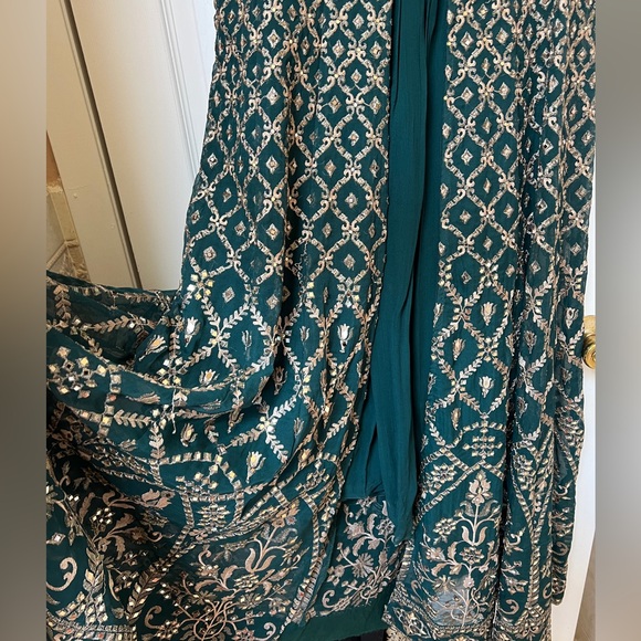 Women’s Emerald Green Mirror Work Anarkali Empire Waist Jacket Palazzo Set - Picture 4 of 9